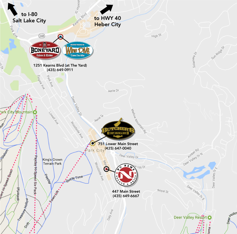 Location map for No Name Saloon, Butcher's Chop House, Bone Yard Saloon, and Wine Dive. All located in Park City, Utah